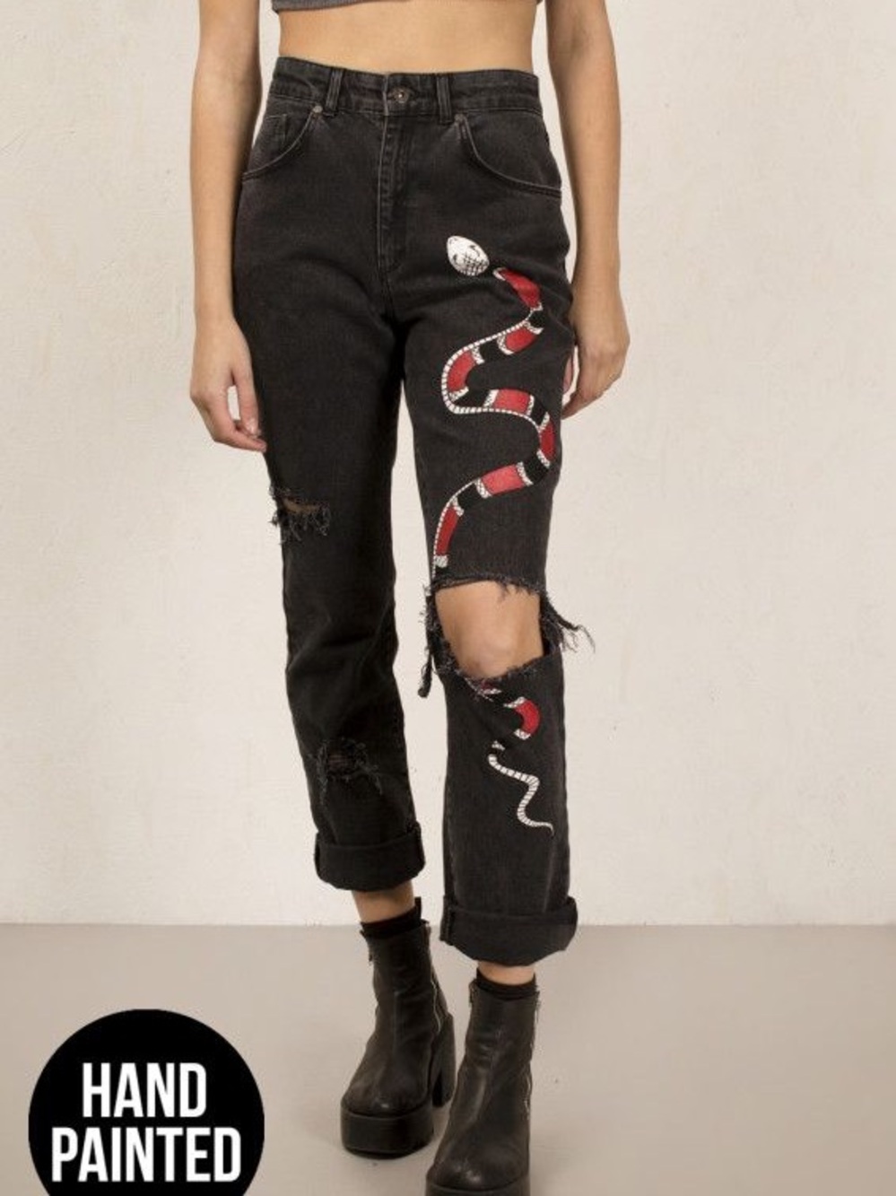The Ragged Priest Black Straight Leg Jeans with Red & White Snake Patch - Picture 2 of 9